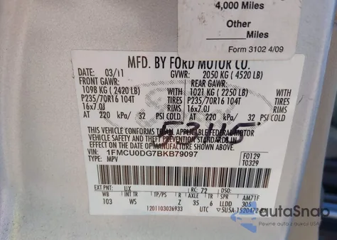 2011 Ford Escape Xlt z USA, uszkodzony, nr VIN 1FMCU0DG7BKB79097